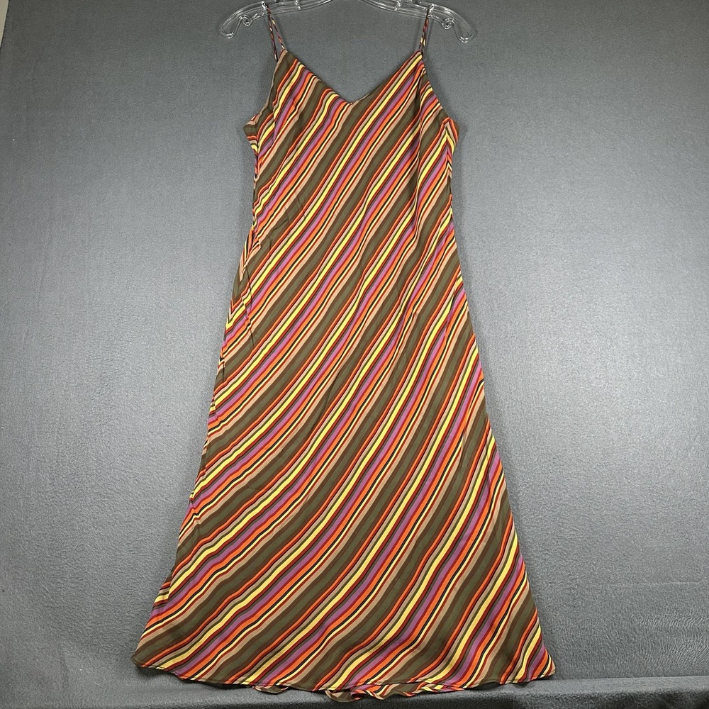 Vtg Ralph Lauren Dress Womens 12 Green Striped Slip Midi Lined Spaghetti Strap